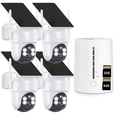 Produktbild von 4MP Überwachungskamera Aussen Solar Akku 4er Set mit HomeBase 360° Schwenk mit 2K Farb-Nachtsicht 365Tage mit 32GB &64GB Lokalspeicher Kabellos Kamera
