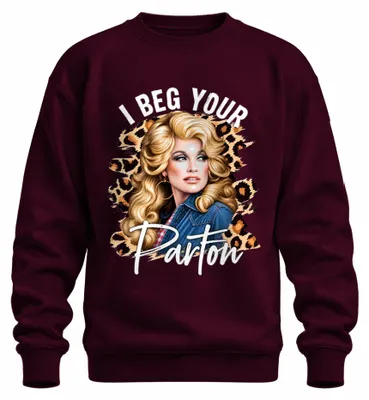 Productafbeelding van I Beg Your Parton: Western retro sweatshirt met print, in de stijl van Dolly Parton, kleur: bordeauxrood, maat: L