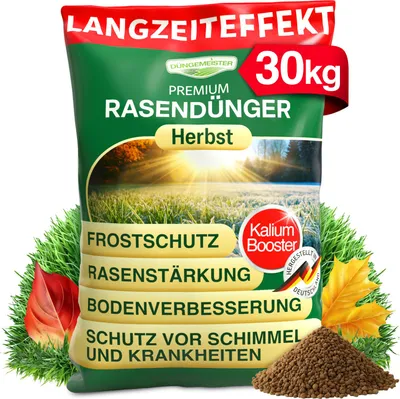 Produktbild von DÜNGEMEISTER Herbst Rasendünger – mit Langzeitwirkung und KaliumschutzPlus Formel für extrem winterfesten, sattgrünen Rasen! Perfekte Widerstandsfähigkeit gegen Frost & Krankheiten (30kg)