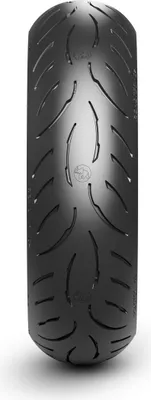 A close-up, studio shot of a motorcycle tire.