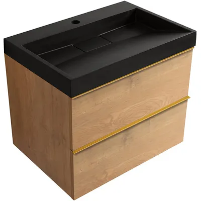 Image de Armoire de salle de bain Velora - chêne miel, poignée dorée + vasque en marbre synthétique avec trou de robinet Vita - noire mat - 70x63x46,5 cm