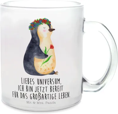 Produktbild von Mr. & Mrs. Panda Glasbecher Pinguin Blumen - Transparent - Geschenk, Tee Tasse, Häferl, Lebenslust, Geschenkidee, Liebeskummer, Teetasse aus Glas, Henkeltasse, Pott
