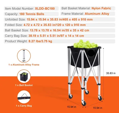 Immagine prodotto di Carrello pieghevole per palline da tennis - Carrello per palline - Carrello per palline da tennis - con ruote e freno - capacità: 180 palline