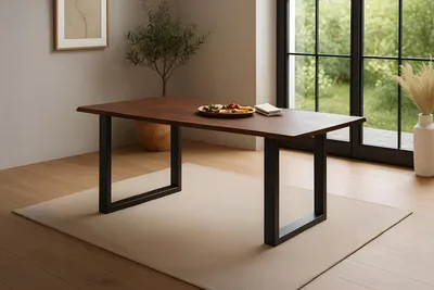 Produktbild von Refurbished Möbelretoure Esstisch Baumkante massiv Akazie kastaniefarben 160 x 85 cm U-Gestell schwarz ROXANA