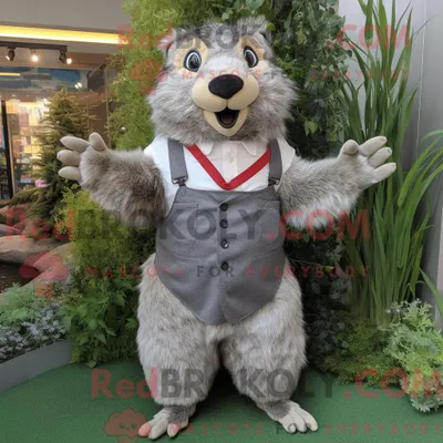 Image de Personnage mascotte REDBROKOLY d une Marmotte Argentée habillée d une Robe Fourreau et de Bretelles