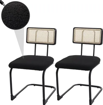 Productafbeelding van Set van 2 schommelstoelen HWC-K88, stoel met rugleuning, hout, riet, metaal, bouclé stof/textiel, zwart