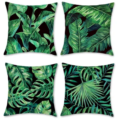 Imagen del producto de Omgoods - Juego de 4 fundas de cojín con diseño de hojas tropicales