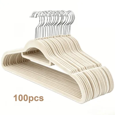 Produktbild von 100er Set Kleiderbügel mit Samtbezug, rutschfest, platzsparend, 360° drehbar, mit Krawattenhalter, Creme