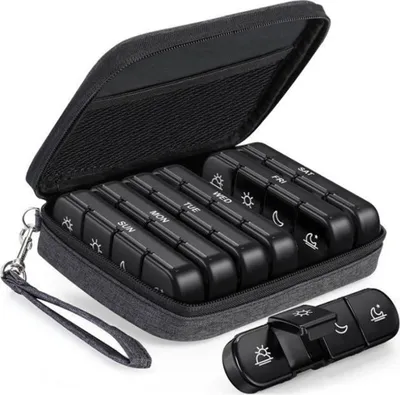Produktbild von Tablettenbox 7 Tage Morgens Mittags Abends, Canvas Tasche Medikamentenbox 7 Tage mit tragbarer Stofftasche mit Rei?verschluss
