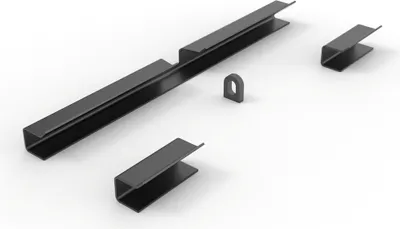 Several metal brackets and a U-shaped piece are arranged on a white background.