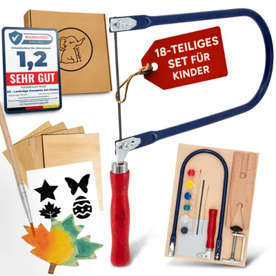 Produktbild von Eli® Laubsäge für Kinder - Komplett Set für Laubsägen inkl kreative Vorlagen - Laubsägeplatten - Farben - Pinsel - Schleifpapier - Holz - Geschenkset