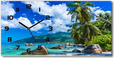 Produktbild von Wanduhr aus Glas – 60x30 cm - Glasbild - Glasuhr - Gehärtetes Glas - schwarze-zeiger - Seychellen-Strand