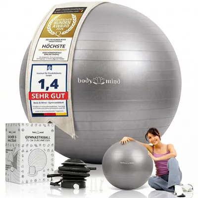 Productafbeelding van Body & Mind Anti-Burst Gymnastiekbal Grijs 65cm - Premium fitnessbal voor yoga, Pilates, rugoefeningen en als ergonomische zitbal op kantoor