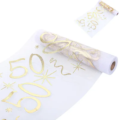 Produktbild von Goldener Tischläufer 28x1000 cm, Thema 50. Geburtstag – Blumendekoration, Jubiläum, Festbankett