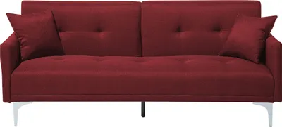 Produktbild von BELIANI 3-Sitzer Schlafsofa Dunkelrot Stoffbezug Gesteppt mit Silbernen Metallbeinen 2 Kissen Retro Klappsofa Wohnzimmer Sofa mit Schlaffunktion