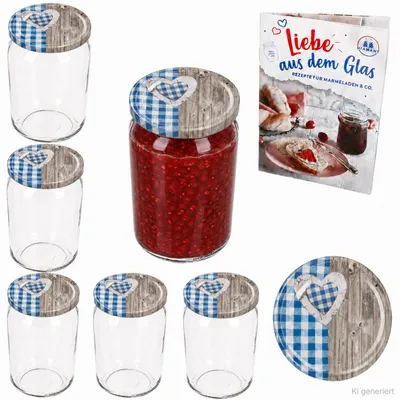 Produktbild von 6er Set Sturzglas 720ml Einmachglas Holz Herz Blau Deckel Rezeptheft
