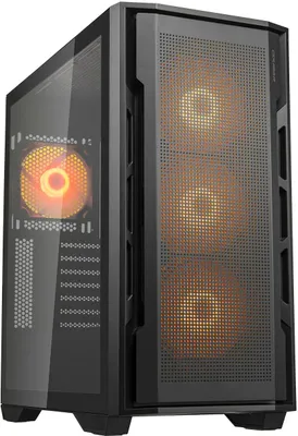 A black computer tower with orange RGB lighting.