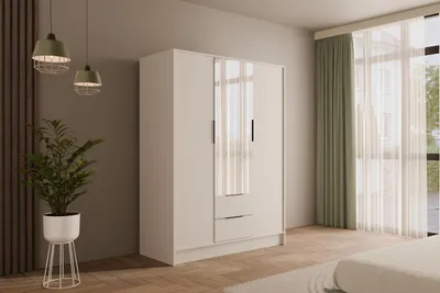 Produktbild von ALTDECOR  Kleiderschrank mit Spiegel und Flügeltüren, Garderobenschrank mit viel Stauraum, Vielseitiger Drehtürenschrank, Schrank KOLIN 150x200 cm Weiß