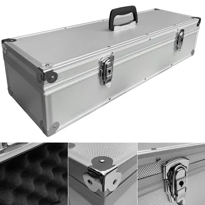 A silver aluminum case with a black handle and metal latches, shown from a slightly elevated angle against a white background. Several close-up shots of the case's details are also included.