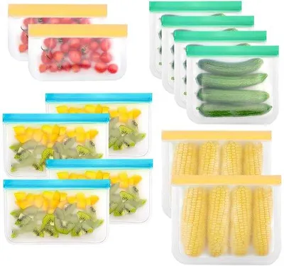 Produktbild von 12 Stück wiederverwendbare Dichtbeutel, Silikon, für Fleisch, Obst und Snacks