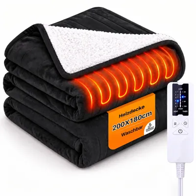 Obrázek produktu pro Elektrická vyhřívací deka ZMH, flanel, 200x180 cm, měkká deka s 6 stupni teploty, časovač, elektrická vyhřívací podložka pod postel nebo pohovku, černá