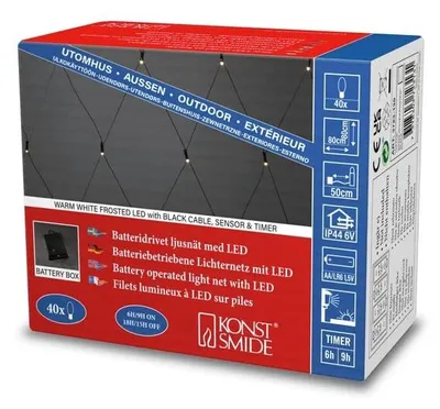 LED-Lichtnetz 40 warmweiße LEDs, Timer, Batterie, IP44, 50 cm