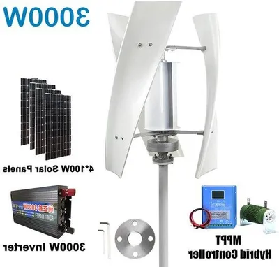 Zdjęcie produktu dla Turbina wiatrowa pionowa o mocy 3000W - system hybrydowy 24V - z kontrolerem MPPT - 3 panele słoneczne po 100W każdy