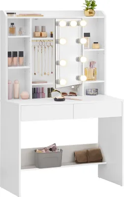 Produktbild von VASAGLE Schminktisch mit 9 LED-Leuchten, 3 einstellbare Lichtfarben Farben, verstellbare Ablagen