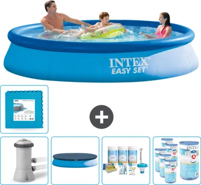 Produktbild von Intex runder aufblasbarer Easy Set-Schwimmpool – 366 x 76 cm – Blau – inklusive Pumpe Abdeckung - Wartungspaket - Filter - Bodenfliesen