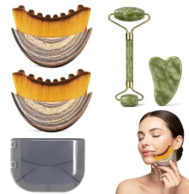 Productafbeelding van Lymfedrainage gezichtsborstel - Set van 4 - Gua sha jade en jade roller - Met opbergdoosjes
