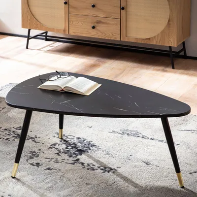Produktbild von FineBuy Couchtisch 90x60x41 cm mit Marmor Optik Schwarz Dreibein Wohnzimmertisch mit Metall-Gestell Sofatisch Dreieckig Tisch Wohnzimmer Beistelltisch