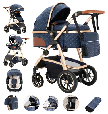 Produktbild von 3-in-1 Kinderwagen - Reisebuggy - Höhenverstellbarer Schieber - Klappbarer Aluminiumrahmen - Mit Moskitonetz - Bis 20 kg - Blau