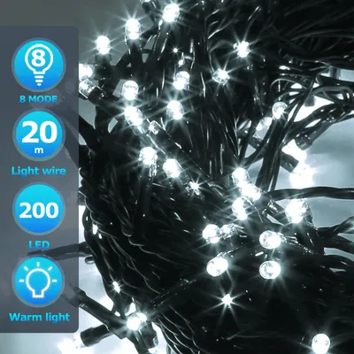 Produktbild von Clanmacy 20M 200 LED Lichterkette 8 Lichtmodi Party Garten Beleuchtung Innen Weihnachten Hochzeit Deko Kaltweiß