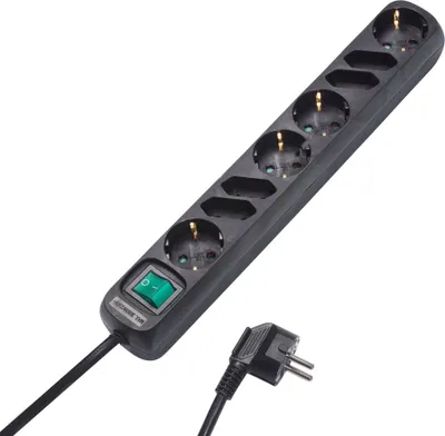 A black power strip with multiple outlets and a green switch, shown diagonally against a white background. A black power plug is also visible.