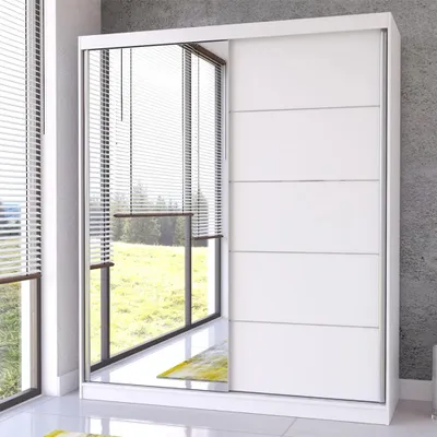 Schwebetürenschrank mit Spiegel in Weiß/Weiß
Breite:	183 cm
Höhe: 218 cm	
Tiefe: 61 cm