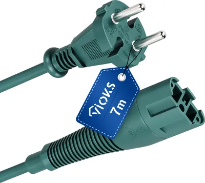 A green power cord with two different connectors on each end, with a blue tag attached to the cord.