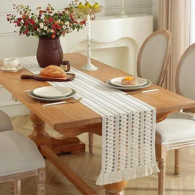 Obrázek produktu pro Běžec na stůl Famanu, béžová barva, boho styl, macramé – 30 x 210 cm
