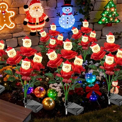 Produktbild von Solar Weihnachtsbeleuchtung 2er Set, LED Rosen mit Weihnachtsmann, 4-flammige Gartenleuchte als dekorativer Gartenstecker