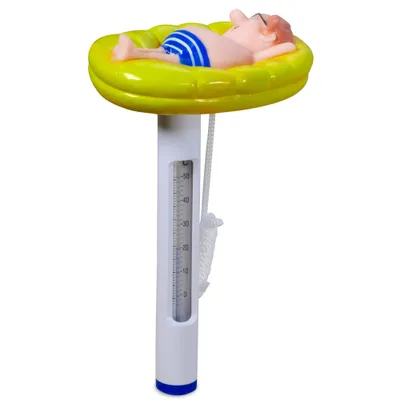 A floating thermometer shaped like a man on an inflatable mattress.