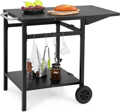 Obrázek produktu pro Kuchyňský vozík KOMFOTTEU se skládacími lamináty, 4 přídavnými háčky a 2 kolečky, kovový kuchyňský regál na grilování, grilovací vozík, servírovací vozík na zahradu, 96,5 x 64 x 75,5 cm