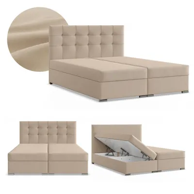 Produktbild von Boxspringbett 140x200 mit 2 Bettkästen, Kontinentales Bett mit Bonell Matratze, Polsterbett, Doppelbett mit Kopfteil, Geflecht Beige, ELDA 140 x 200