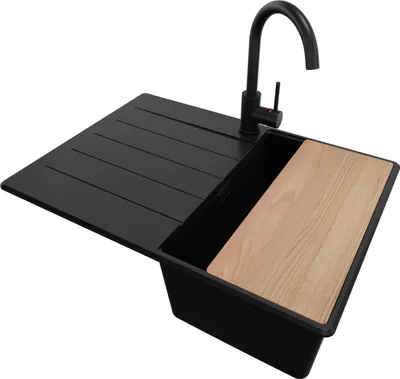 Produktbild von PRIMAGRAN Granitspüle Alles Schwarz 70x50cm, Spülbecken 1 Becken + Ablauf-Set + Küchenzubehörset, Küchenspüle ab 40er Unterschrank - Kopenhagen