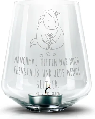 Produktbild von Mr. & Mrs. Panda Windlicht Glas Einhorn Traurig - Transparent - Geschenk, Liebe, Kerzenhalter, Unicorn, Trauer, Einhörner, Glitzer, Teelichthalter, Laterne, Blume