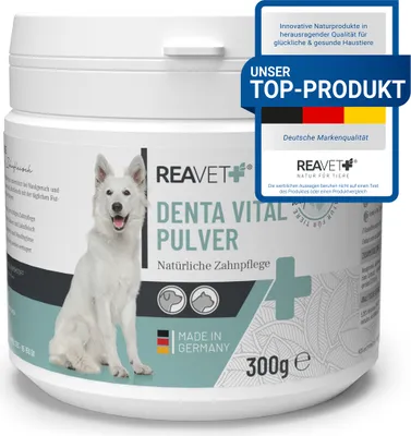 Produktbild von REAVET Denta Vital Zahnpflege Pulver für Hund & Katze 300g - Natürlicher Zahnsteinentferner, Effektive Zahnreinigung ohne Zahnbürste, Mittel gegen Zahnstein und Maulgeruch beim Hund
