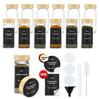 Obrázok produktu pre Omgoods – Súprava 12 malých sklenených nádob na bylinky s etikietami – objem 120 ml, s odmerkou