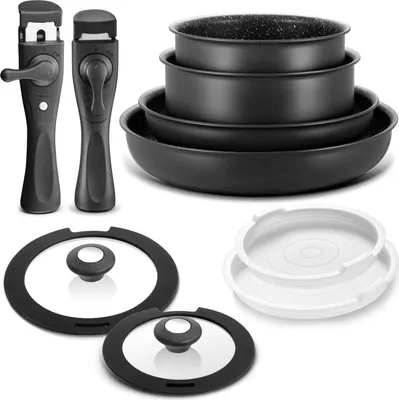 A set of cookware with detachable handles, glass lids, and storage bases, arranged on a white background.