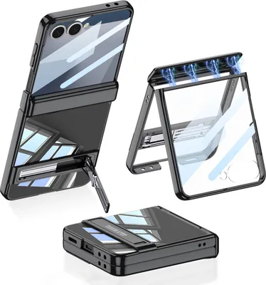 Produktbild von Hülle für Samsung Galaxy Z Flip 7 Magnetische Scharnierschutz Hartes Transparent Galvanisieren Schutzhülle mit Displayschutz und Ständer Schwarz