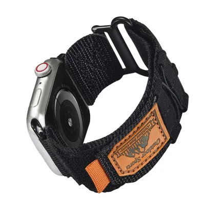 Produktbild von FFO2World Nylon-Sportarmband für Apple Watch 42–49 mm (Serie 1–11, SE, Ultra 1–3), Sport Loop, Schwarz