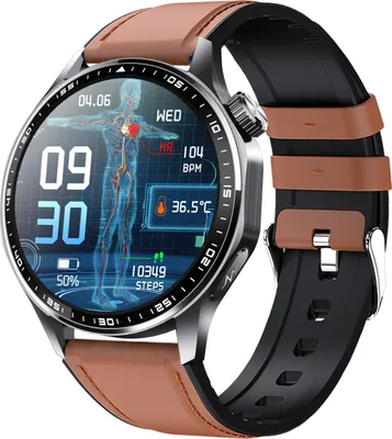 Image de INF Montre connectée avec ECG, cardiofréquencemètre, tensiomètre et podomètre Bracelet en cuir noir et marron