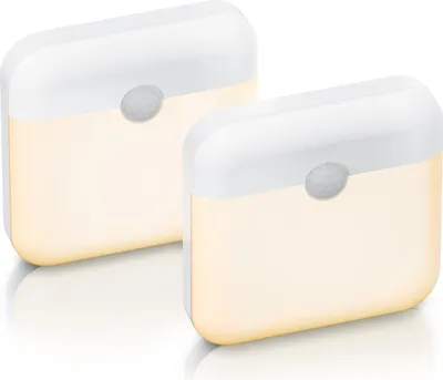 Two white LED night lights with motion sensors are shown on a white background.